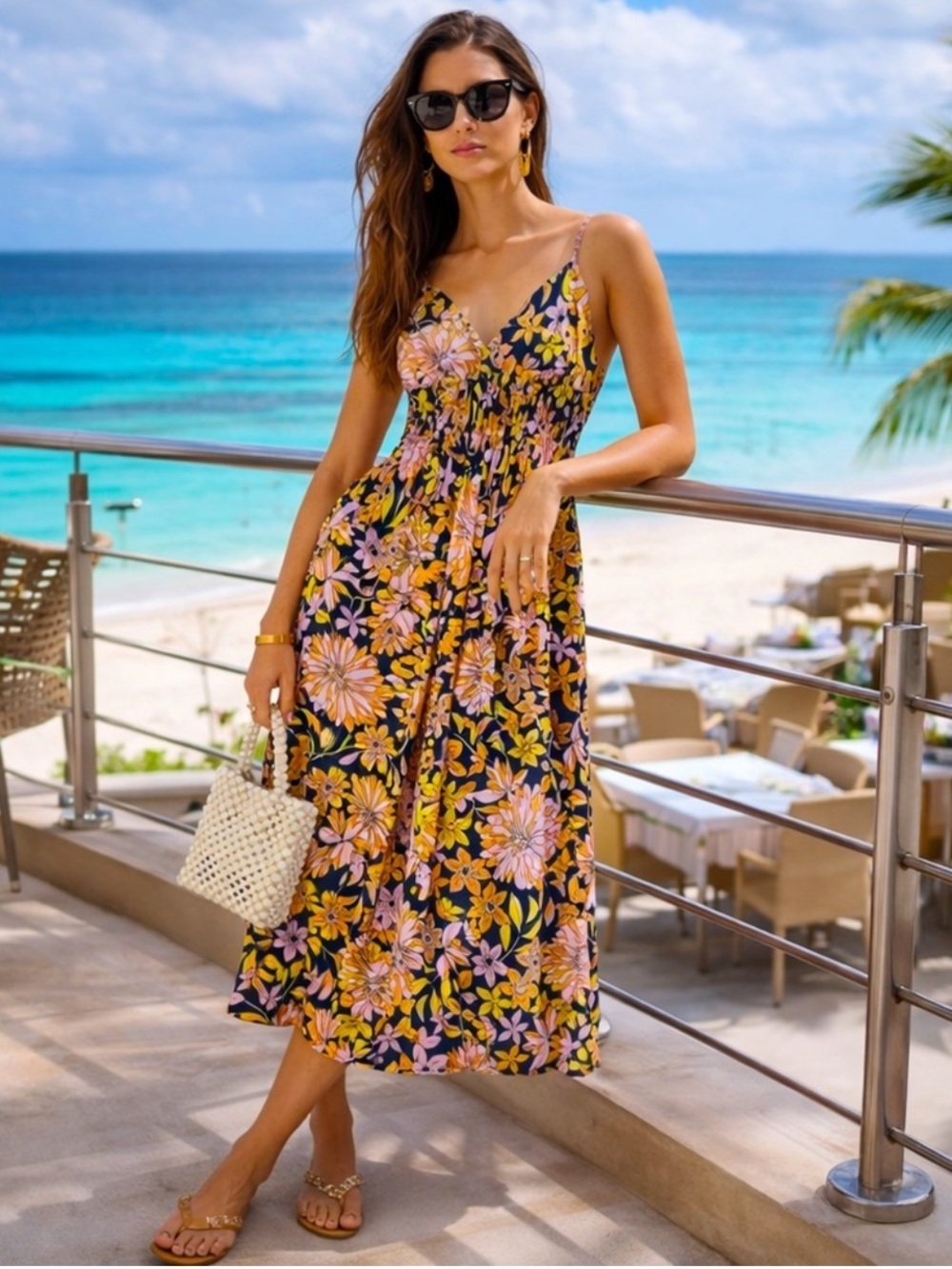 J Crew Floral Maxi Dress Thin Straps Smocking Plunging Neckline 2